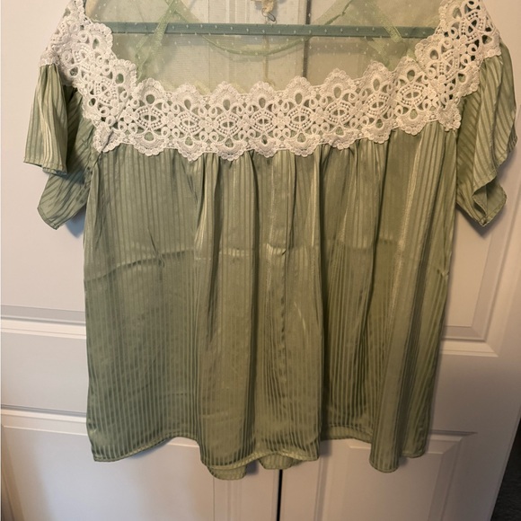 BiBi Sage Green Blouse with White Lace Detail - Picture 5 of 5